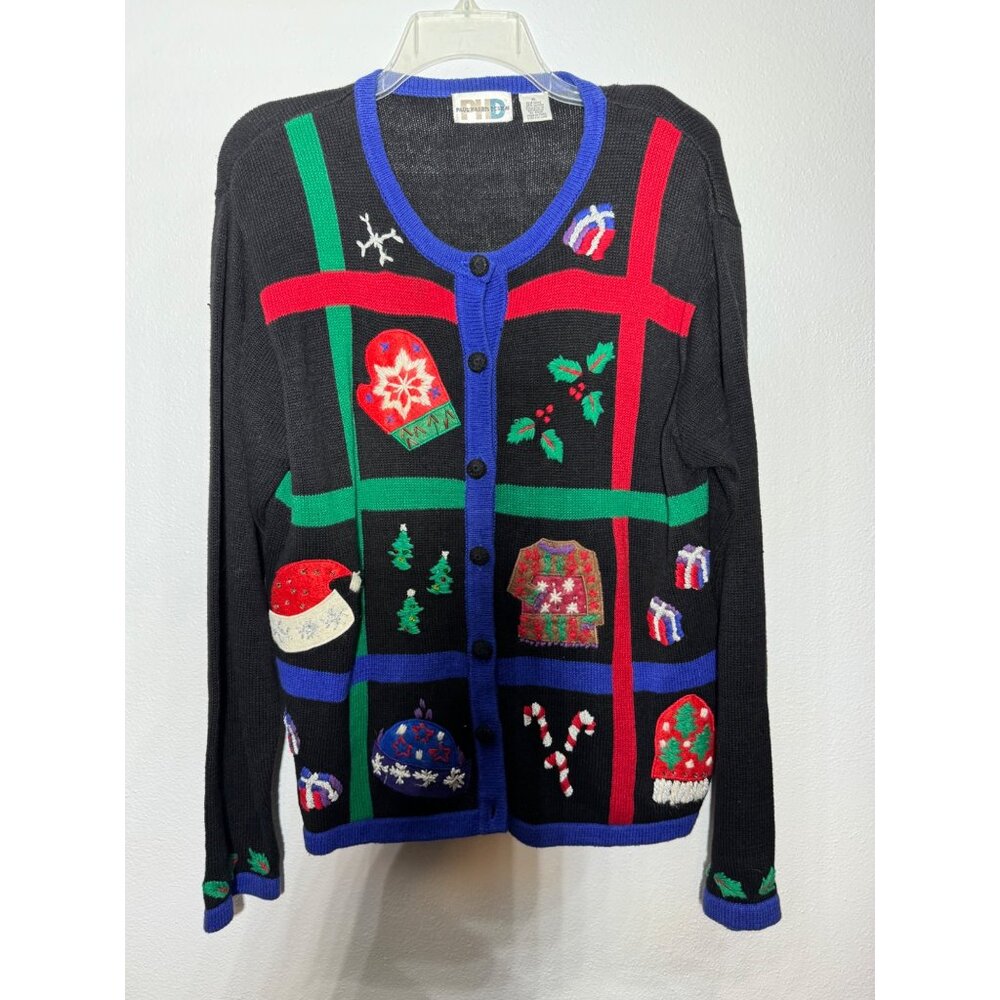 Paul Harris Designs XL Christmas Cardigan Sweater Rame Cotton Black Red Green Ho